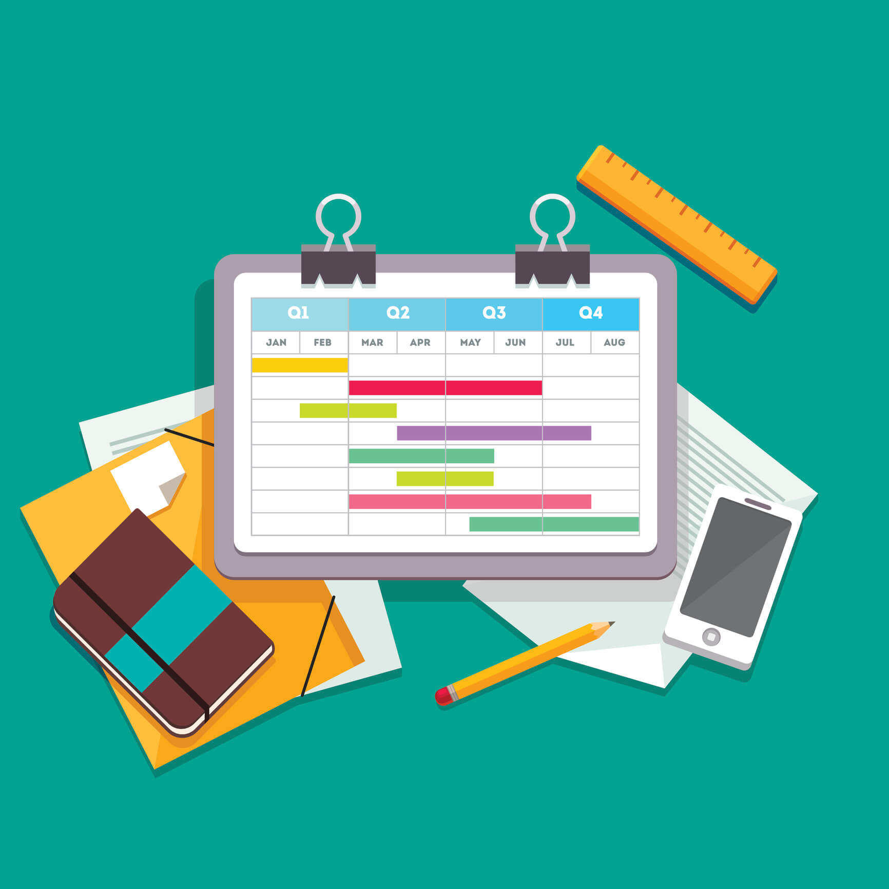 Gantt-Diagramm-Planungsprozessdokument auf einer Büroklammer, die auf dem Schreibtisch neben anderen Dokumenten, Dateien, Telefon und persönlichem Notizbuch liegt. 