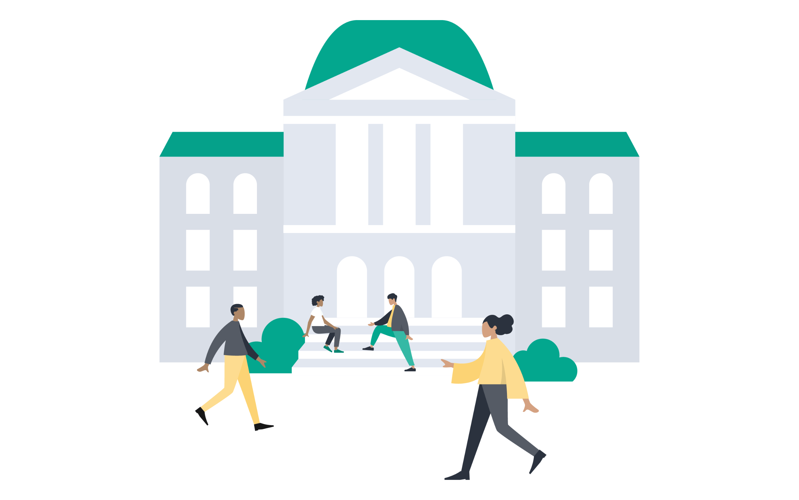 Illustration einer Universität mit 4 Menschen im Vordergrund