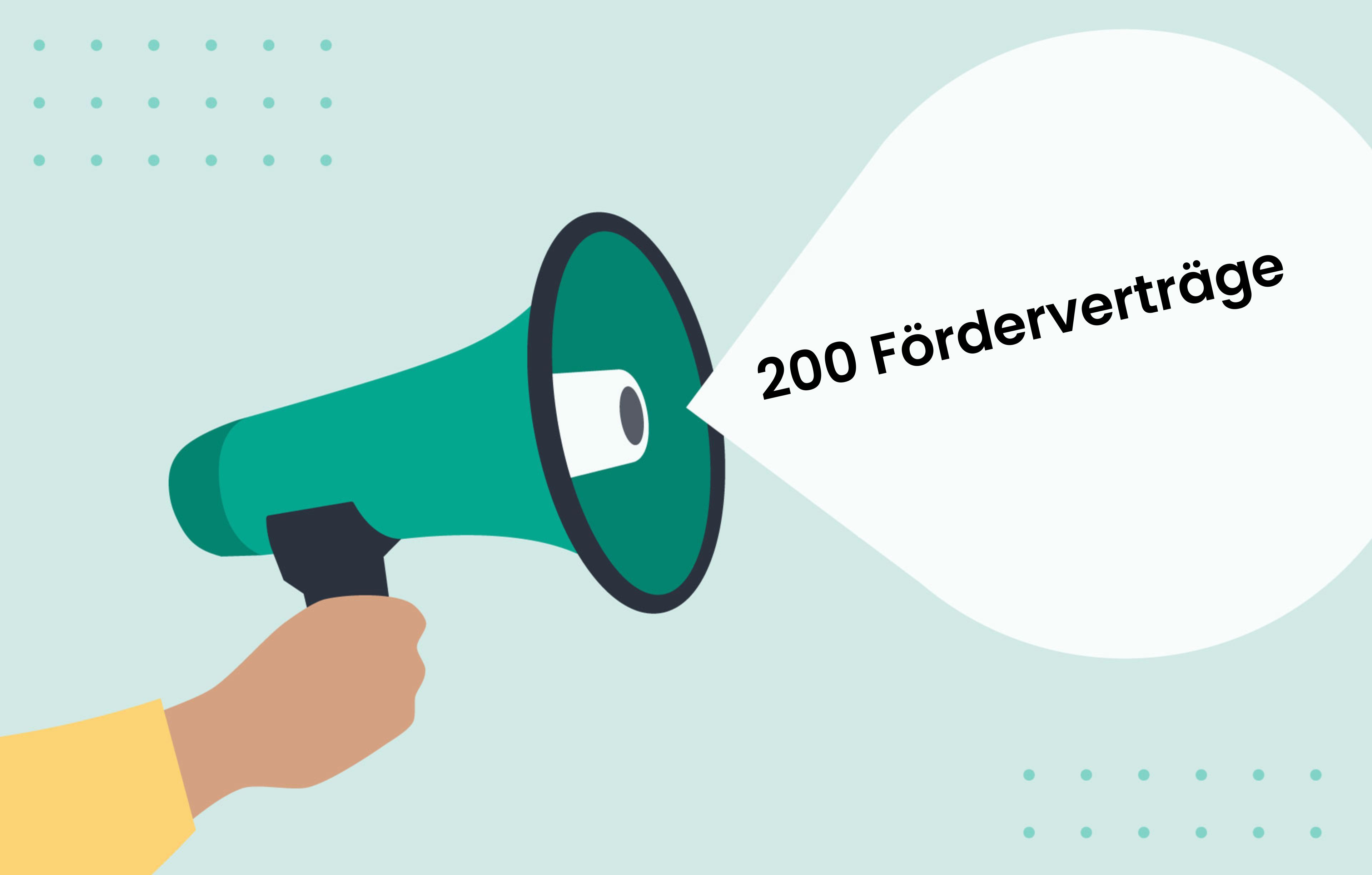 Illustration eines Megaphons mit einer Sprechblase und dem Text "200 Förderverträge"