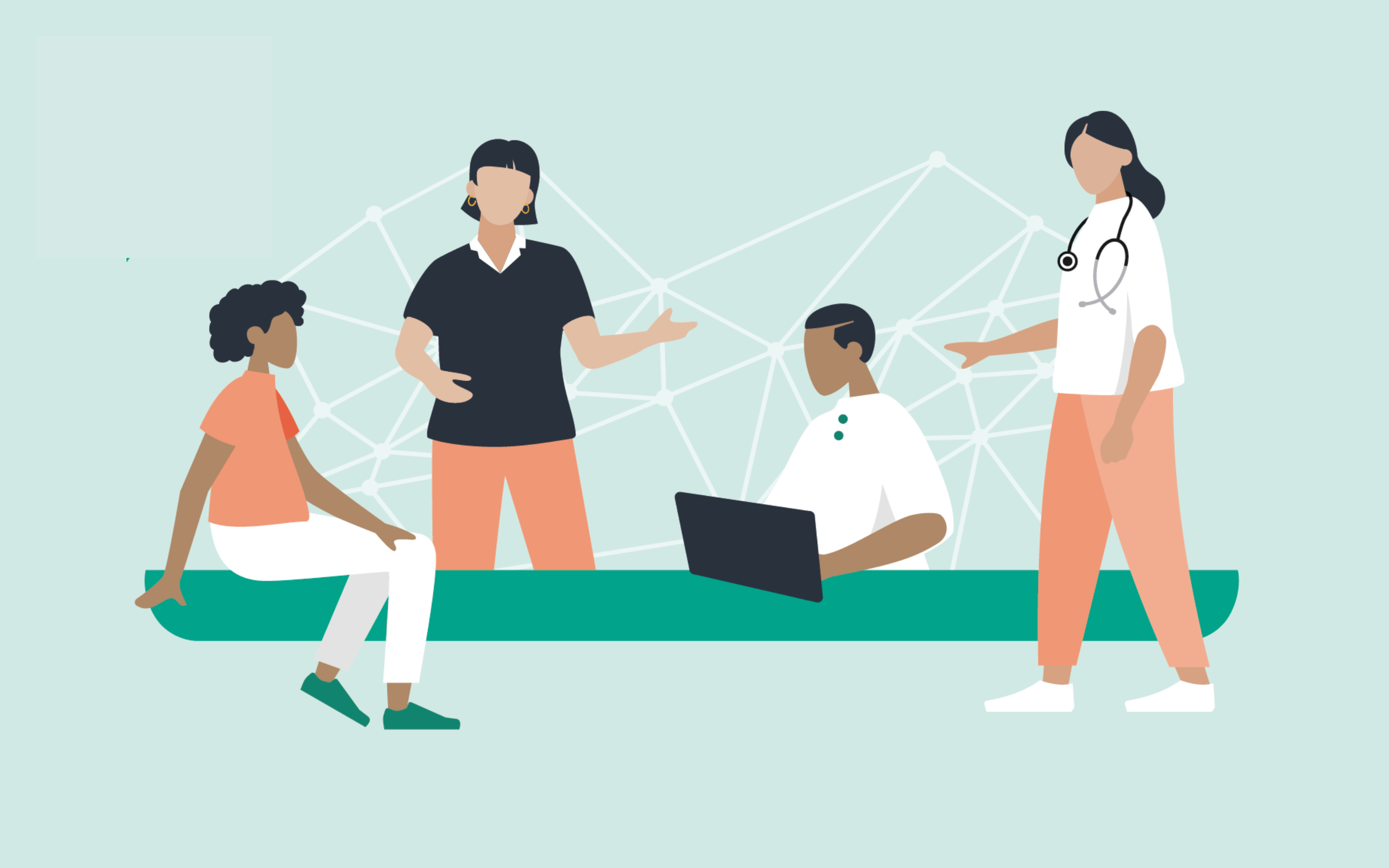Illustration mit 4 Personen, die miteinander interagieren. Eine Person hat ein Stethoskop umgehängt, eine andere sitzt mit einem Laptop.