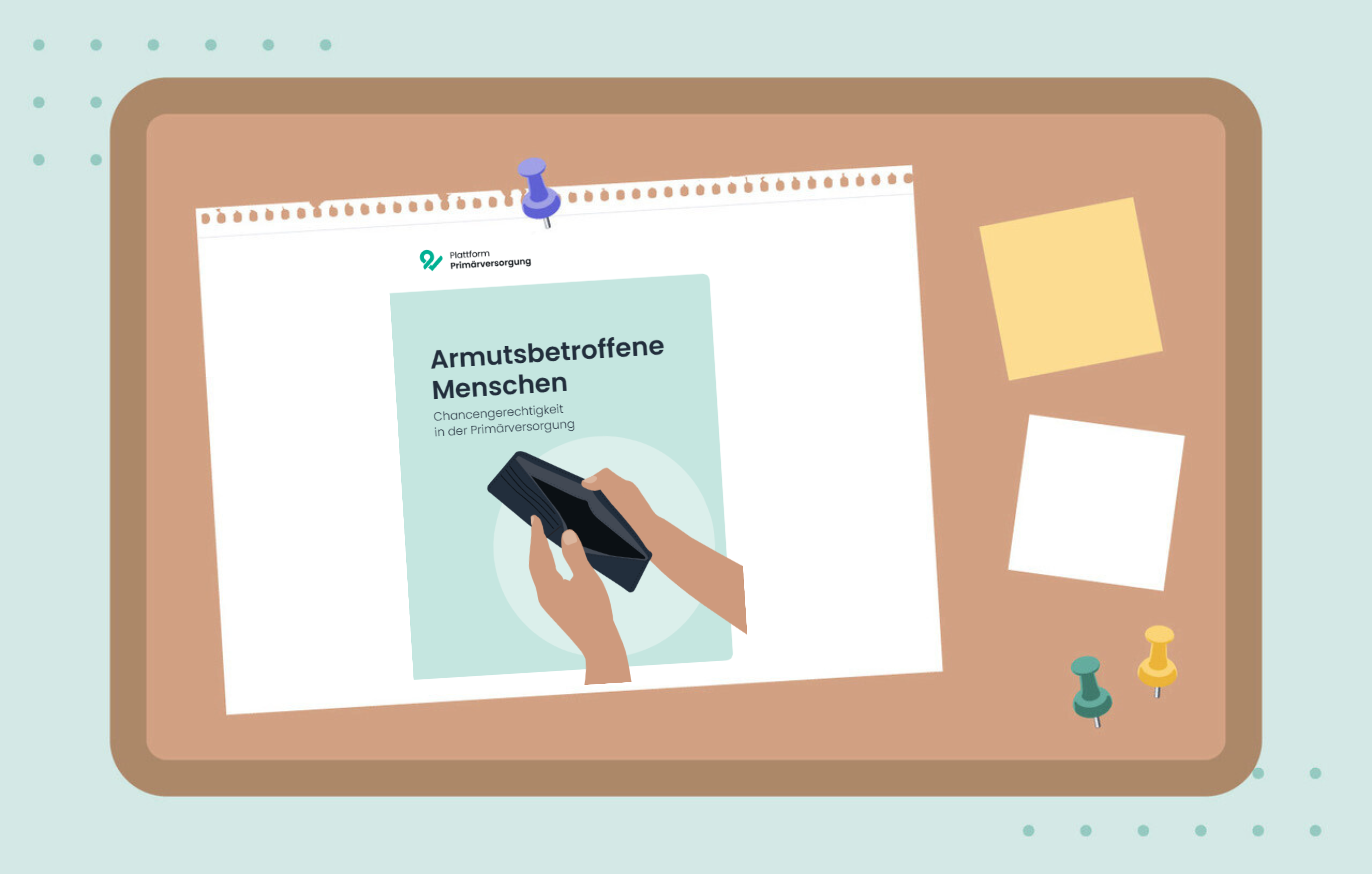 Illustration einer Pinnwand, auf der ein Flyer zum Thema armutsbetroffene Menschen angepinnt ist