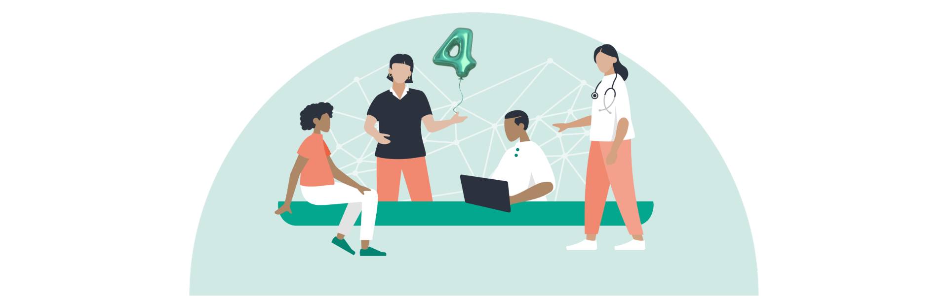 Illustration von 4 Gesundheitsfachkräften, die miteinander interagieren. Eine Person hält einen Luftballon mit der Zahl 4.