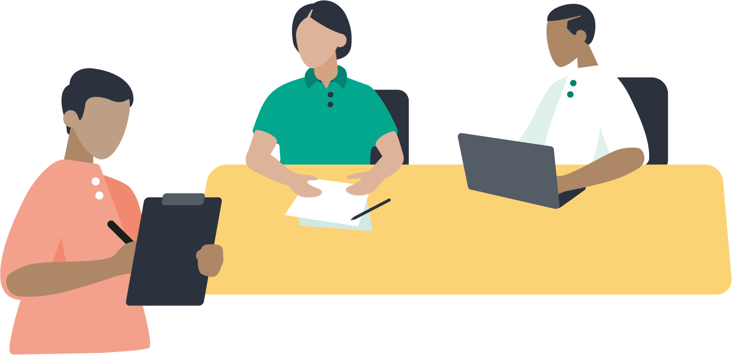 Illustration von 3 Personen, die mit Laptop und Schreibblöcken an einem Tisch sitzen